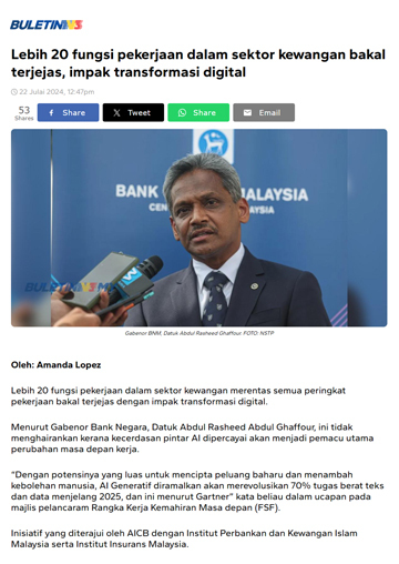 Lebih 20 fungsi pekerjaan dalam sektor kewangan bakal terjejas, impak transformasi digital